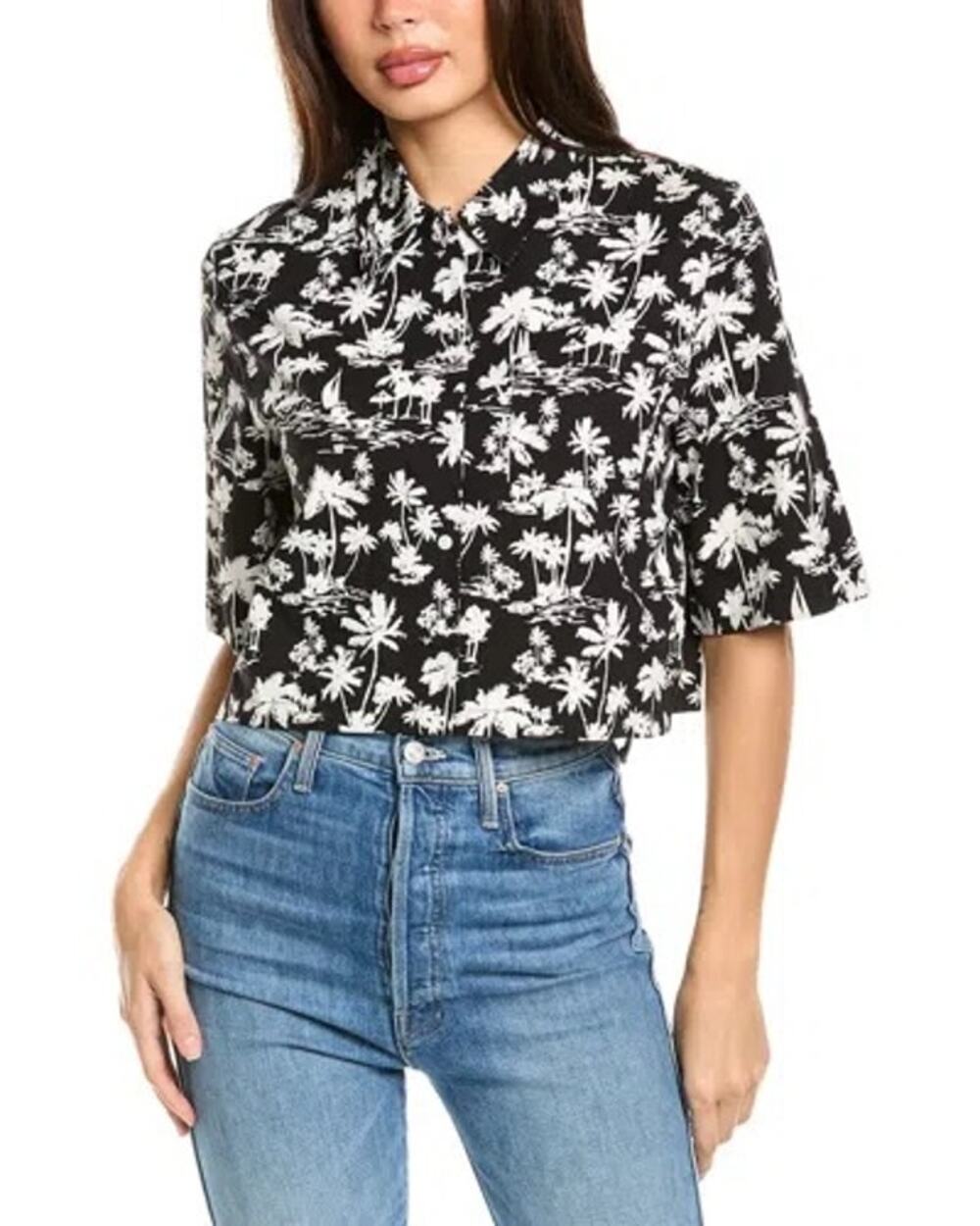 Maje Black Cropped Tropical Palm Tree Print Button Shirt Size 3/US Large Beach